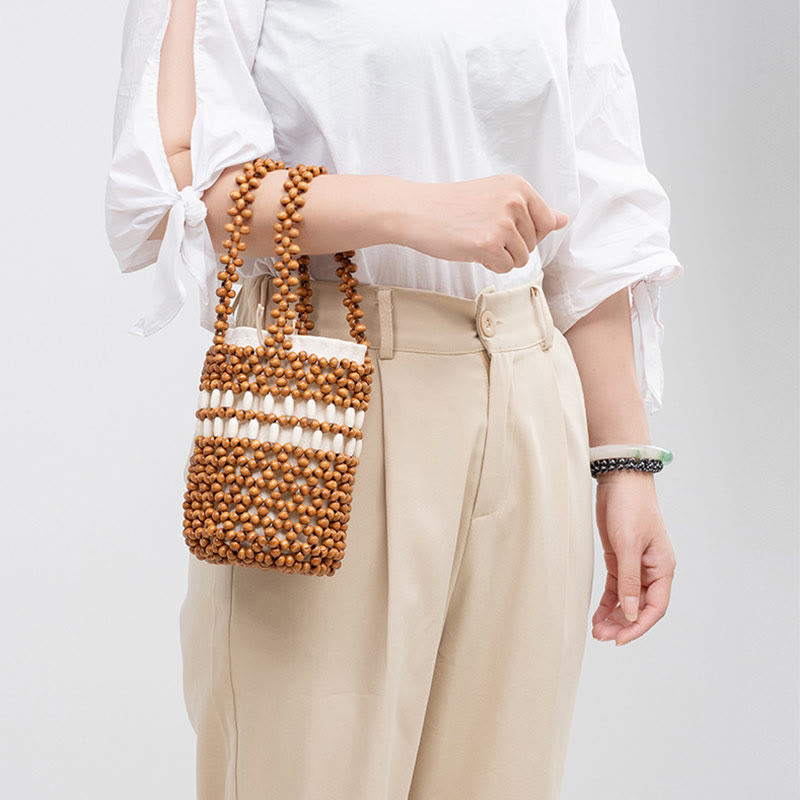 Buddha Stonesの手編みバケツ ポータブル木製ビーズハンドバッグ