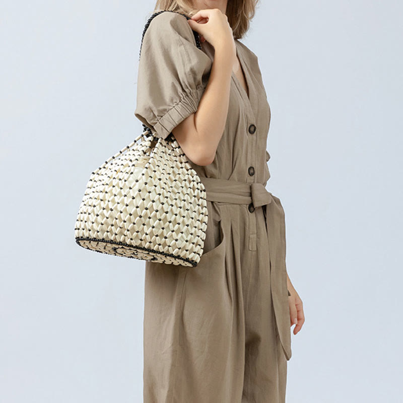 Buddha Stonesの手編み木製ビーズショルダーバッグハンドバッグ