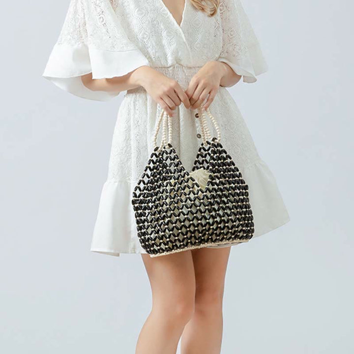 Buddha Stonesの手編み木製ビーズショルダーバッグハンドバッグ