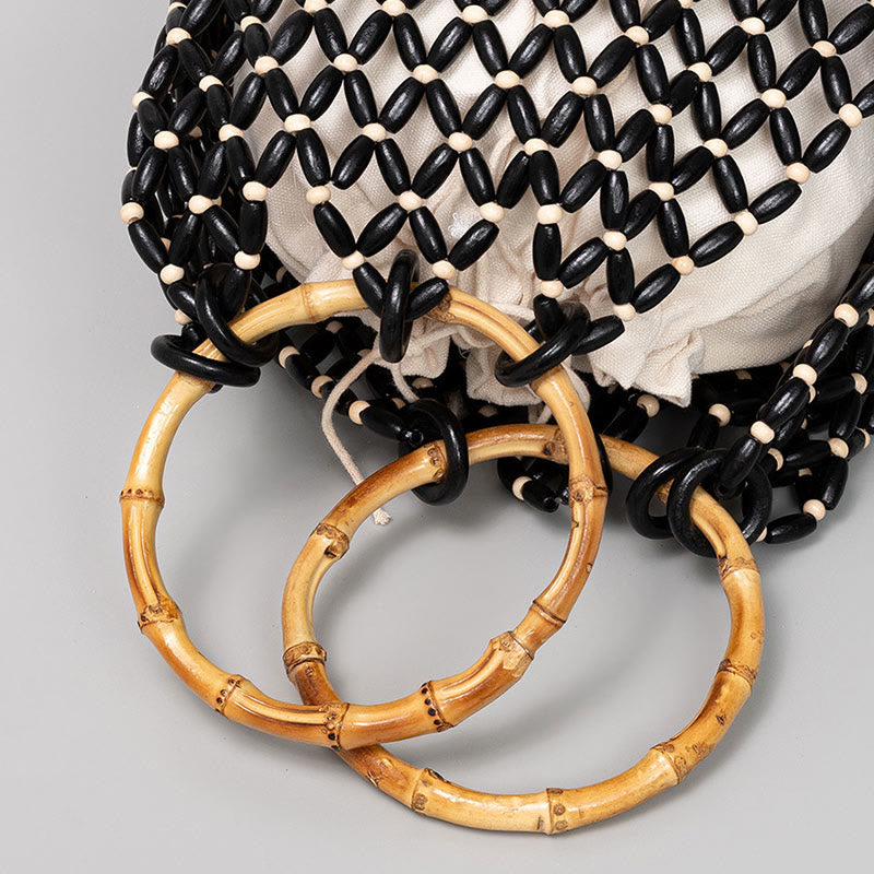 Buddha Stonesの手編み木製ビーズ竹ハンドルショルダーバッグハンドバッグ