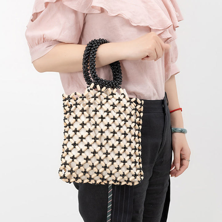 Buddha Stonesの手編み菱形木製ビーズハンドバッグ