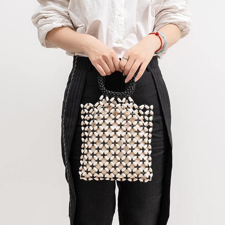 Buddha Stonesの手編み菱形木製ビーズハンドバッグ