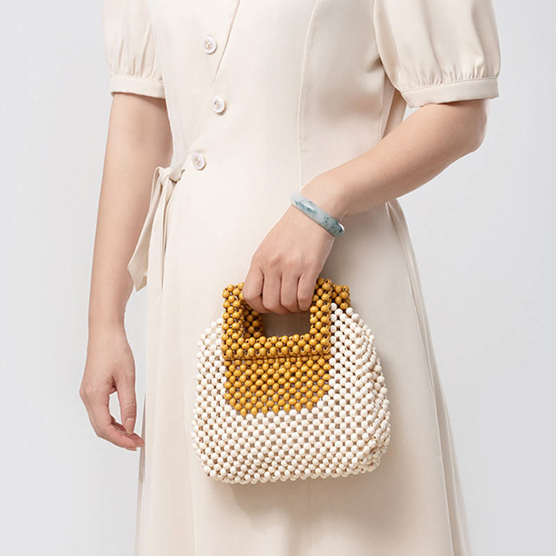 Buddha Stonesの手編み木製ビーズスクエアトートハンドバッグ