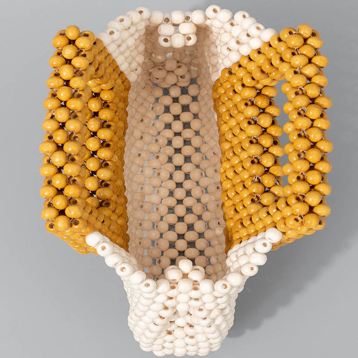 Buddha Stonesの手編み木製ビーズスクエアトートハンドバッグ