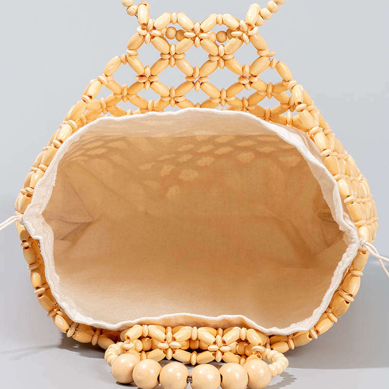 Buddha Stonesの手編み釣り糸編みメッシュ中空木製ビーズハンドバッグ