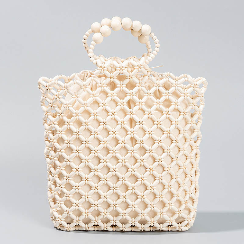 Buddha Stonesの手編み釣り糸編みメッシュ中空木製ビーズハンドバッグ