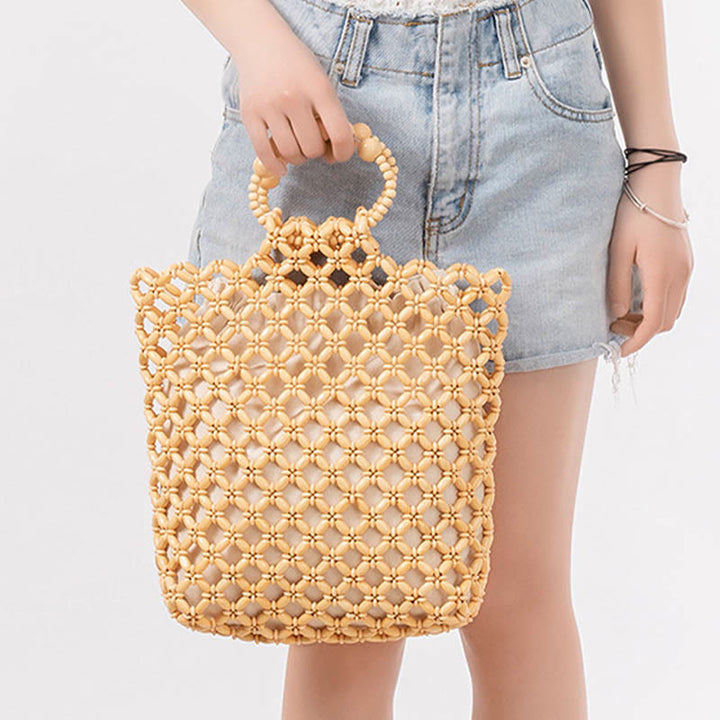 Buddha Stonesの手編み釣り糸編みメッシュ中空木製ビーズハンドバッグ