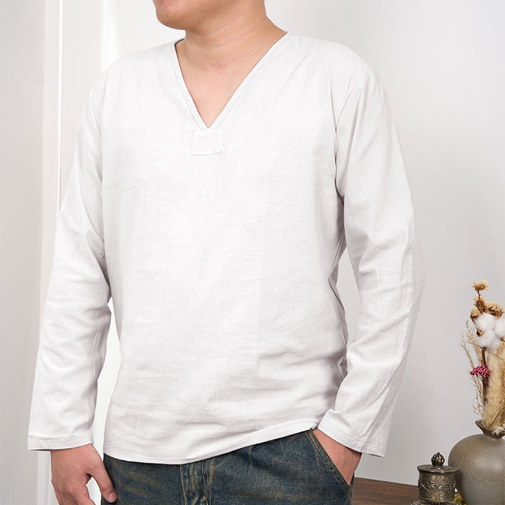 Buddha Stones無地 Vネック 長袖 コットンリネン メンズ Tシャツ