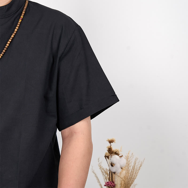 Buddha Stonesメンズ 無地 半袖 ハーフボタン コットンリネン シャツ