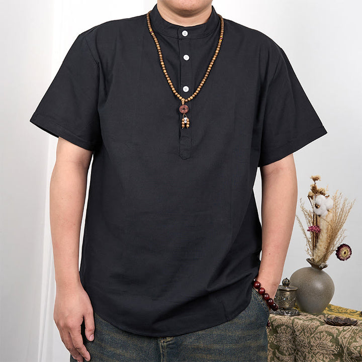 Buddha Stonesメンズ 無地 半袖 ハーフボタン コットンリネン シャツ