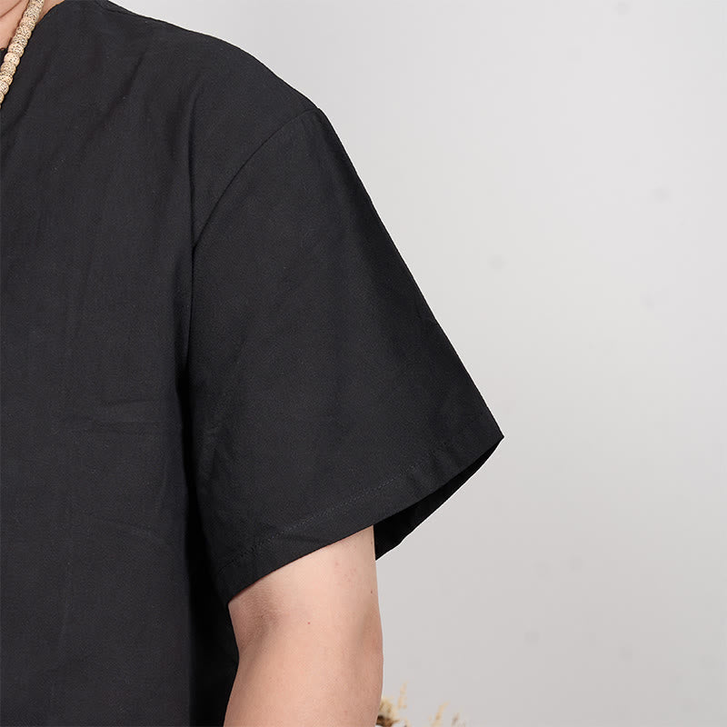 Buddha Stonesメンズ 半袖 ボタンダウン コットンリネンシャツ