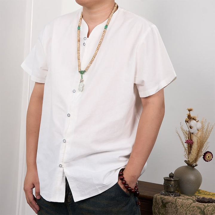 Buddha Stonesメンズ 半袖 ボタンダウン コットンリネンシャツ