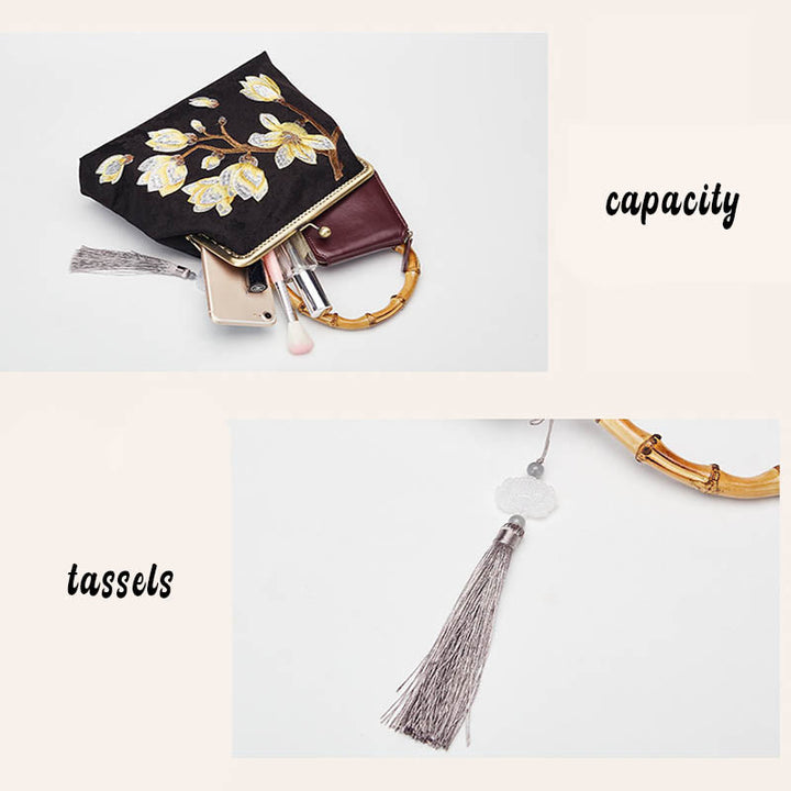 Buddha Stones梅の花刺繍 竹ハンドル ハンドバッグ クロスボディバッグ