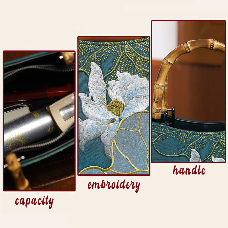 Buddha Stonesと蓮の刺繍が施された竹製ハンドルのハンドバッグ