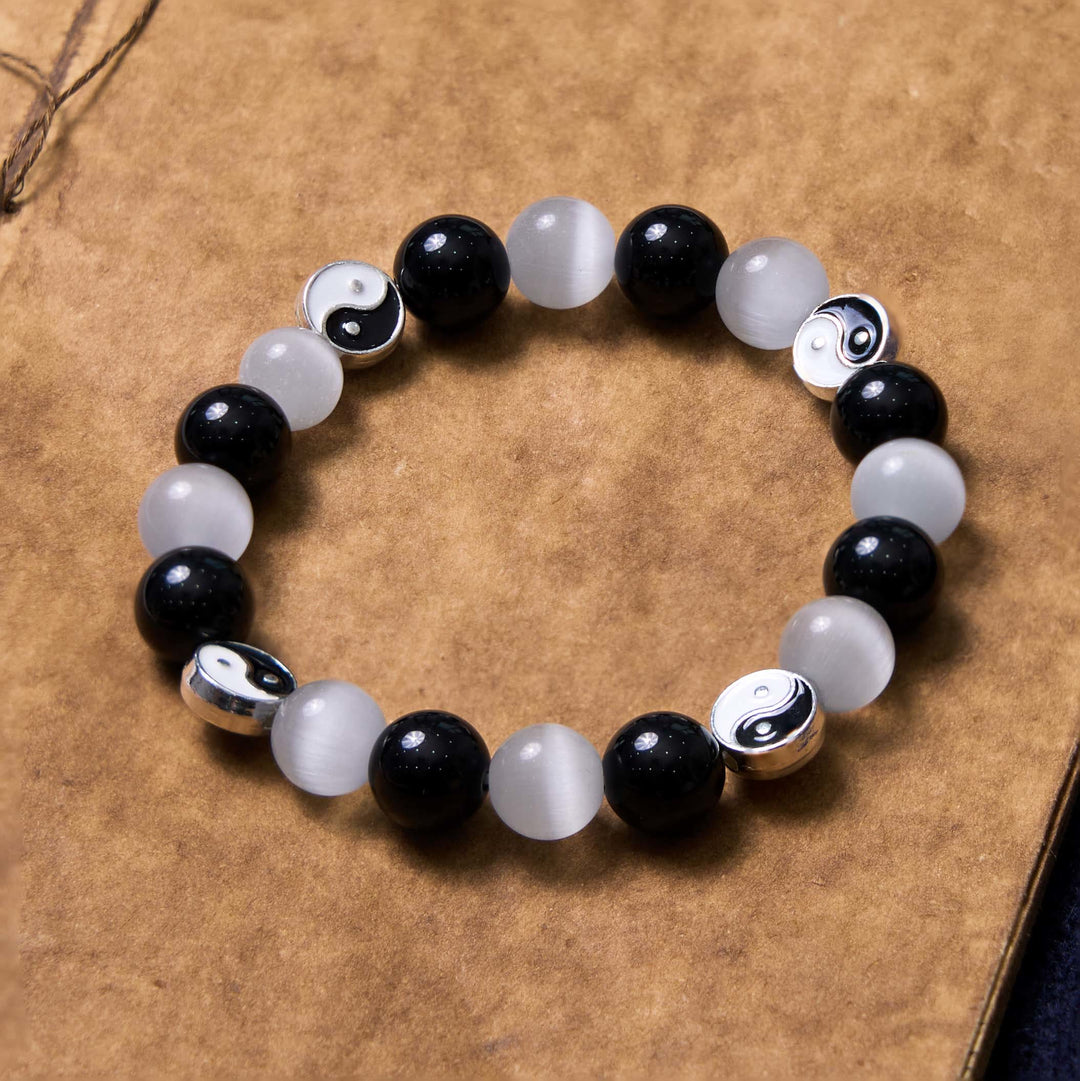 Buddha Stonesブラックオブシディアン キャッツアイ 陰陽 浄化強さブレスレット