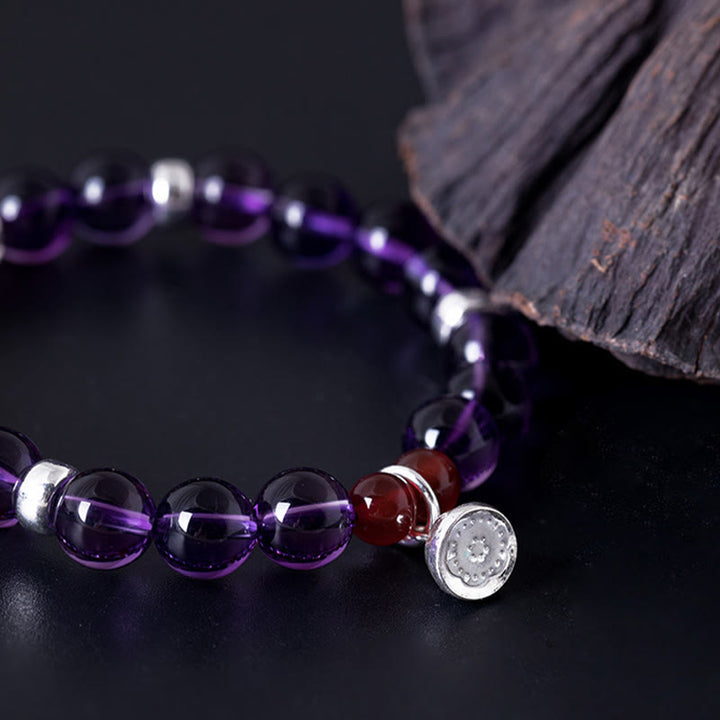 Buddha Stones925スターリングシルバー 天然アメジスト レッドアゲート ロータス幸運を呼ぶブレスレット