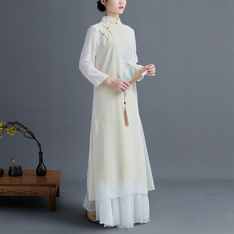 Buddha Stones2点セット 牡丹の花 チャイナドレス ミディ丈 スカート シフォン 禅服 レディース セット - image 2