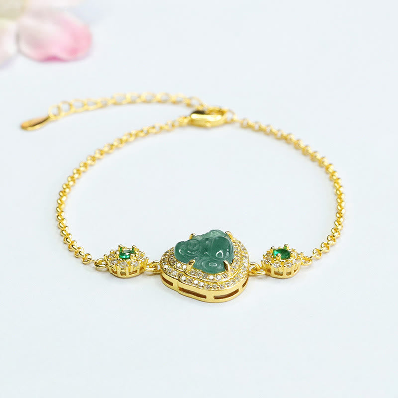 Buddha Stones笑う仏陀 グリーン翡翠 ジルコン 幸運のチェーンブレスレット