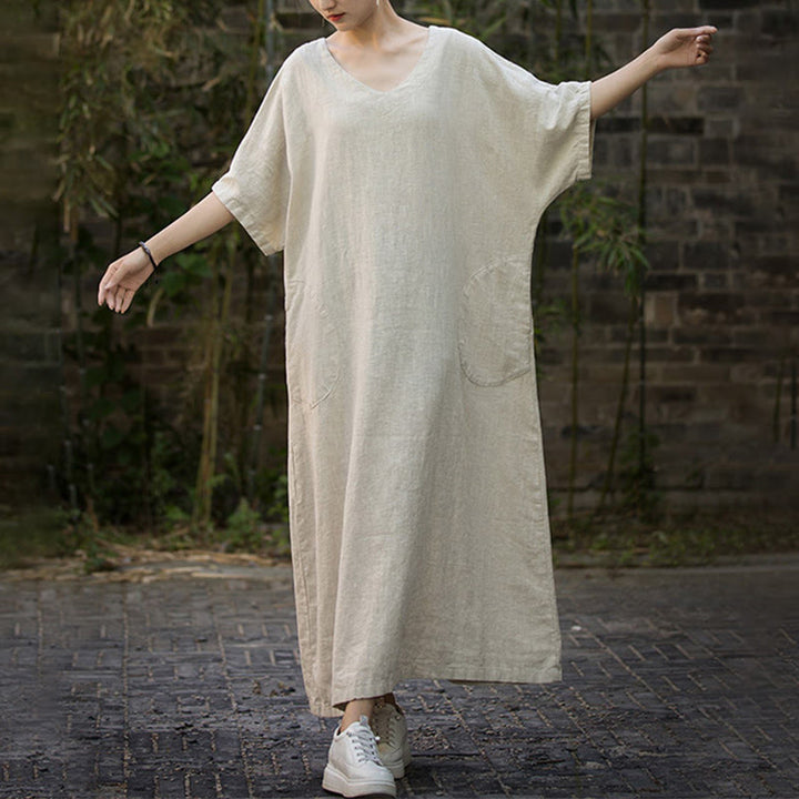 Buddha Stones無地 Vネック ハーフスリーブ ラミーリネン ミディドレス ポケット付き