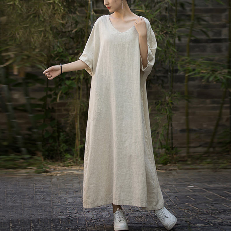 Buddha Stones無地 Vネック ハーフスリーブ ラミーリネン ミディドレス ポケット付き
