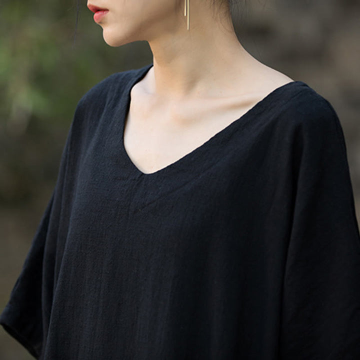 Buddha Stones無地 Vネック ハーフスリーブ ラミーリネン ミディドレス ポケット付き