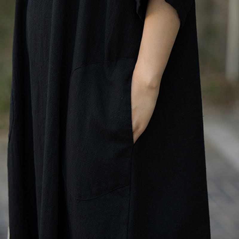 Buddha Stones無地 Vネック ハーフスリーブ ラミーリネン ミディドレス ポケット付き