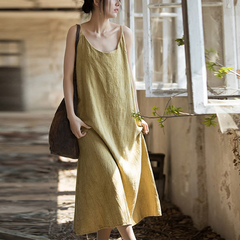 Buddha Stonesのサマースパゲッティストラップハンドメイドタイダイリネンミディキャミワンピース - image 1