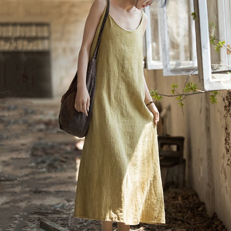 Buddha Stonesのサマースパゲッティストラップハンドメイドタイダイリネンミディキャミワンピース - image 3