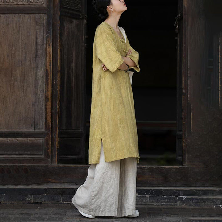 Buddha Stonesハンドメイド タイダイ ラミー リネン フロッグボタン ミディドレス ワイドレッグパンツ ポケット付き - image 25