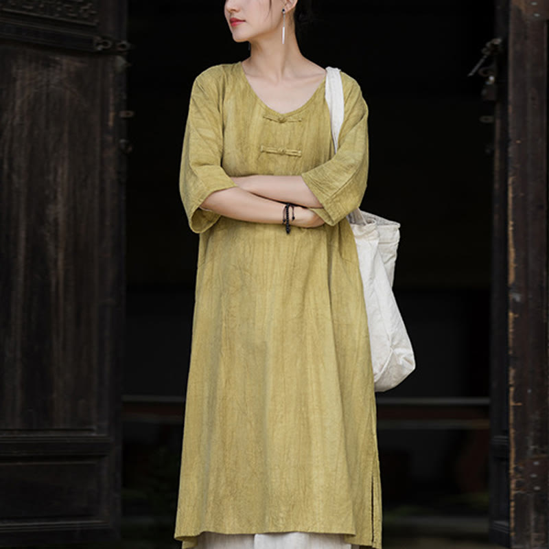 Buddha Stonesハンドメイド タイダイ ラミー リネン フロッグボタン ミディドレス ワイドレッグパンツ ポケット付き - イエロードレス(ドレスのみ) - US4-8/10、 UK/AU8-12/14、 EU36-40/42 (F) - image 28