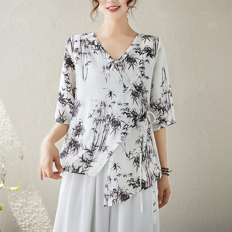 Buddha Stones竹葉プリントVネックレースアップフロッグボタンシャツTシャツ