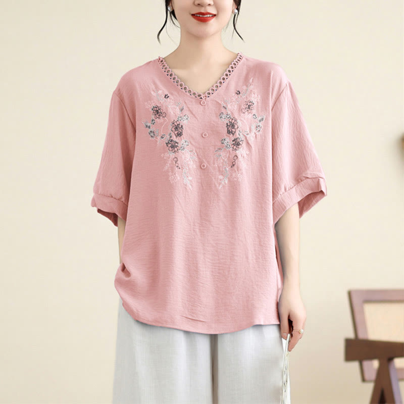 Buddha Stonesフローラル刺繍 Vネック ハーフスリーブ Tシャツ - ライトピンク - F( US4-8/10、 UK/AU8-12/14、EU36-40/42に適合) - image 0