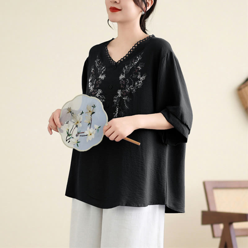 Buddha Stonesフローラル刺繍 Vネック ハーフスリーブ Tシャツ - image 14