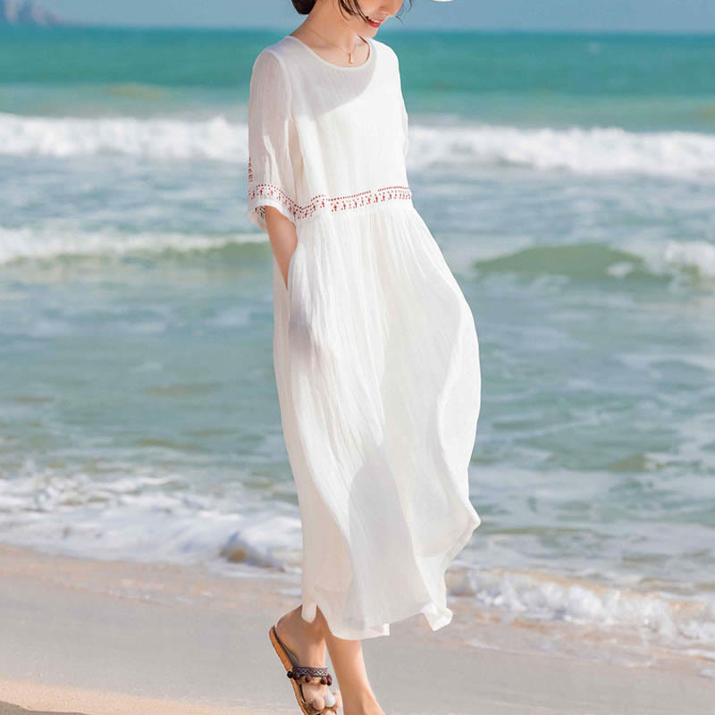 Buddha Stones無地刺繍半袖コットンミディドレス - image 16