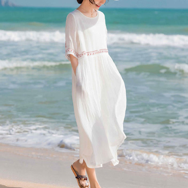 Buddha Stones無地刺繍半袖コットンミディドレス - image 16