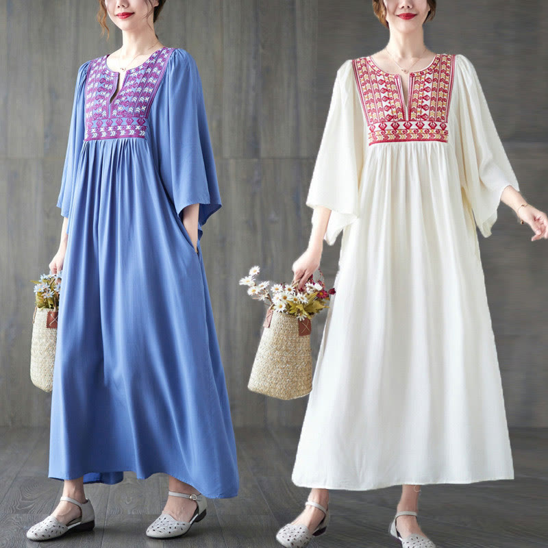 Buddha Stones刺繍入りノッチラッフルヘムミディドレス(ポケット付き) - image 0