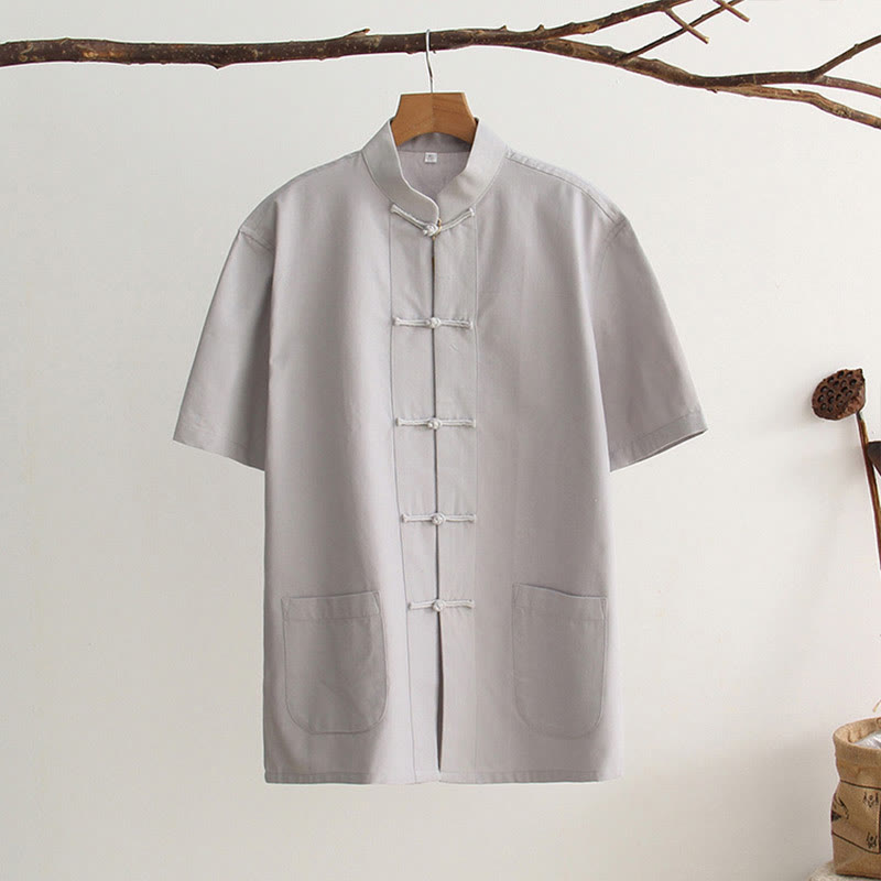 Buddha Stones中国風 カエルボタン 唐装 メンズ 半袖 コットンシャツ ポケット付き - ライトグレー - US/UK/AU44、 EU54 (4XL) - image 9