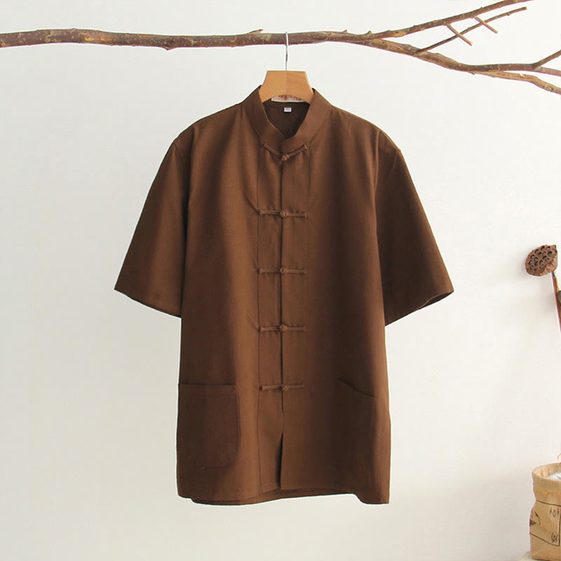 Buddha Stones中国風 カエルボタン 唐装 メンズ 半袖 コットンシャツ ポケット付き - サドルブラウン - US/UK/AU44、 EU54 (4XL) - image 23