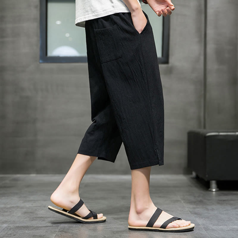 Buddha Stonesサマー メンズ リネン ドローストリング クロップドパンツ ポケット付き - image 13