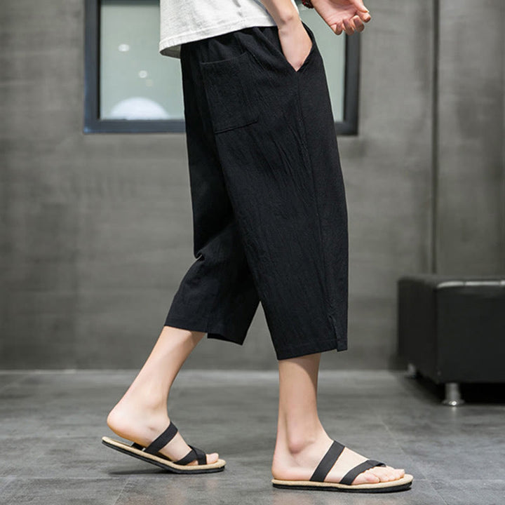 Buddha Stonesサマー メンズ リネン ドローストリング クロップドパンツ ポケット付き - image 13