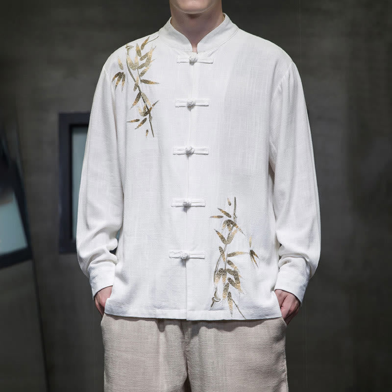 Buddha Stones中国風 カエルボタン 唐装 竹の葉 長袖シャツ コットンリネン メンズジャケット - 白 - US/UK/AU46、 EU56 (5XL)  - image 0