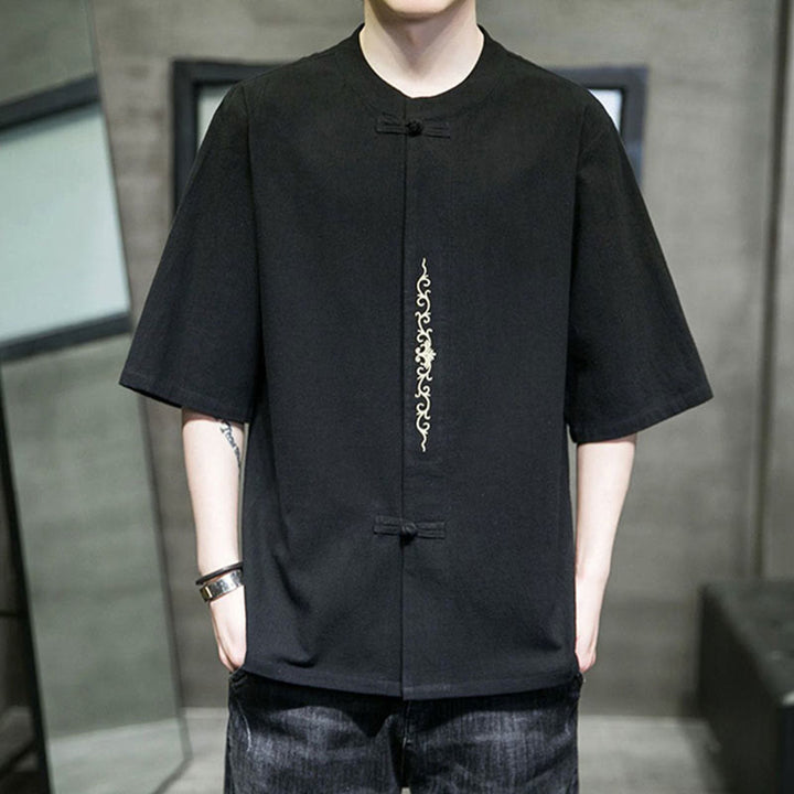 Buddha Stones無地 カエルボタン 刺繍 メンズ 半袖 コットンシャツ - 黒 - US/UK/AU46、 EU56 (5XL) - image 8