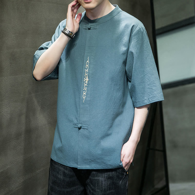 Buddha Stones無地 カエルボタン 刺繍 メンズ 半袖 コットンシャツ - image 4