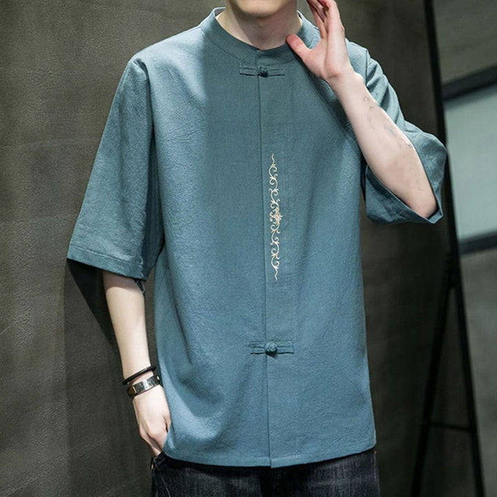 Buddha Stones無地 カエルボタン 刺繍 メンズ 半袖 コットンシャツ - image 5