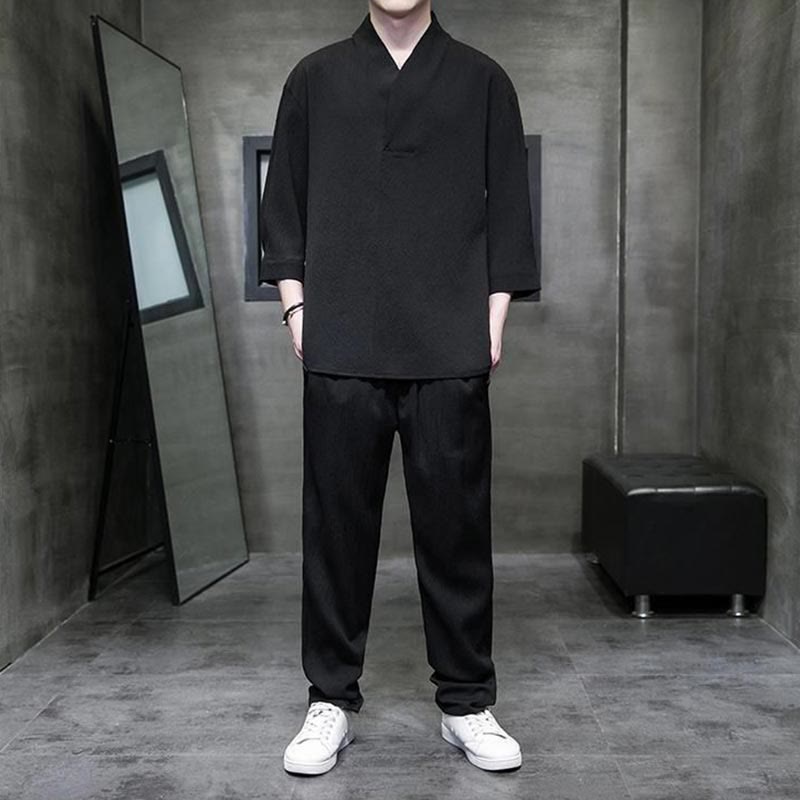 Buddha Stones無地 七分袖シャツ カジュアルパンツ 服 メンズ セット - 黒 - US/UK/AU44、 EU54 (4XL) - image 7