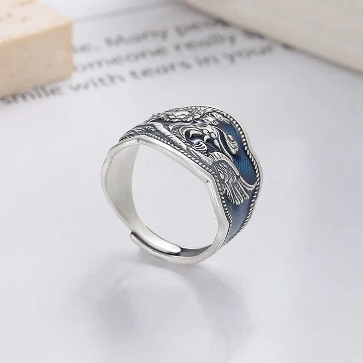 Buddha Stones925スターリングシルバー 鳳凰牡丹花彫刻 幸運の調節可能リング - image 2