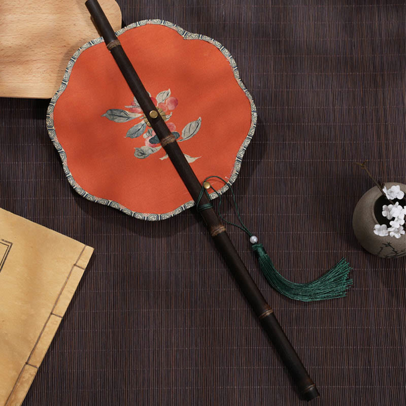 Buddha Stones手作り 桜 竹葉 ブドウ柄 長い紫竹ハンドル 携帯用 巻き上げ扇風機