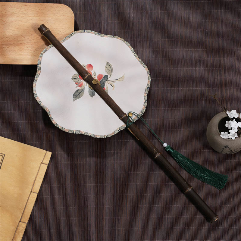 Buddha Stones手作り 桜 竹葉 ブドウ柄 長い紫竹ハンドル 携帯用 巻き上げ扇風機