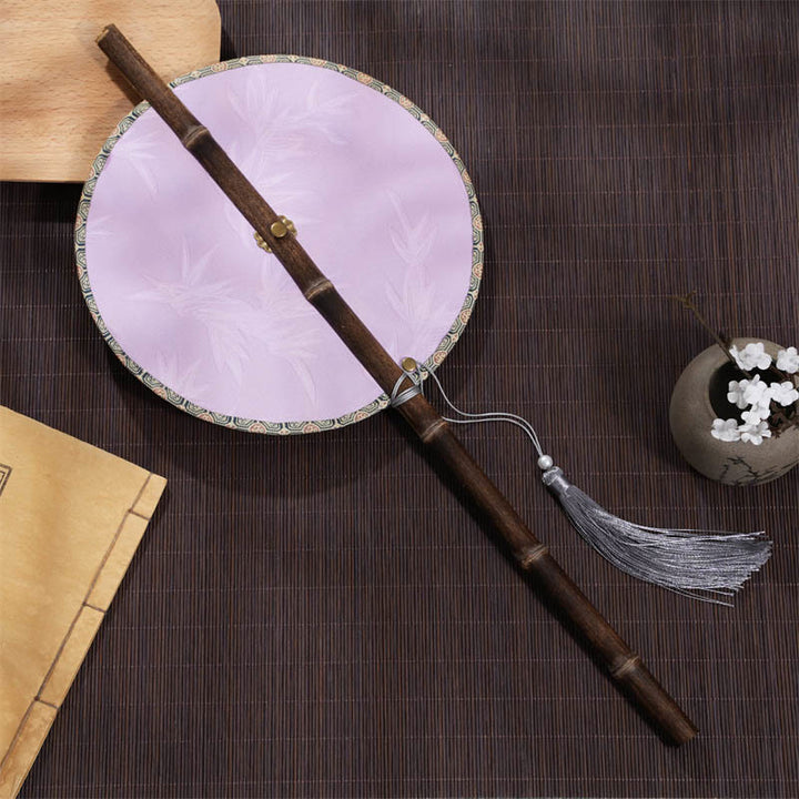 Buddha Stones手作り 桜 竹葉 ブドウ柄 長い紫竹ハンドル 携帯用 巻き上げ扇風機