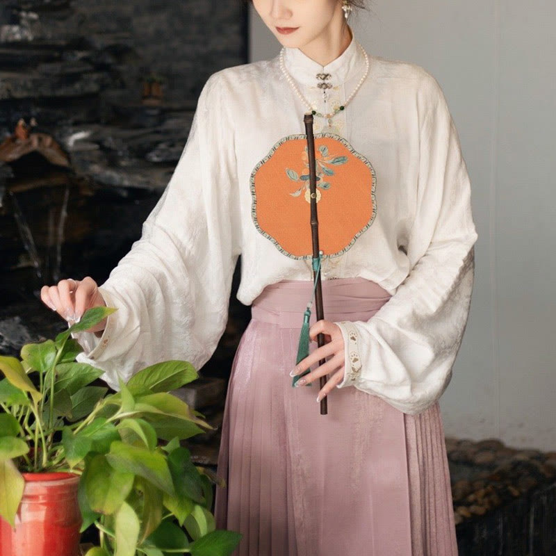 Buddha Stones手作り 桜 竹葉 ブドウ柄 長い紫竹ハンドル 携帯用 巻き上げ扇風機